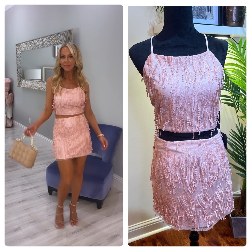 Lulu’s Making Magic Blush Pink Fringe Lace-Up Two-Piece Open Back Top & Skirt M